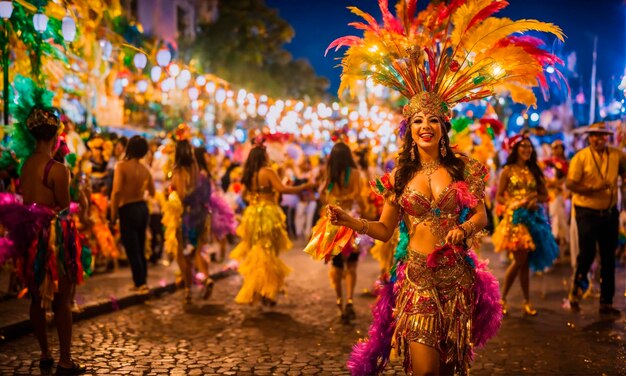 Foto chica de traje en el carnaval brasileño enfoque selectivo