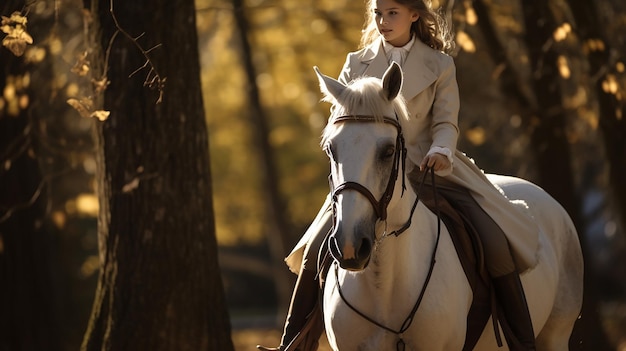 Chica en traje ecuestre a caballo cerca de los árboles