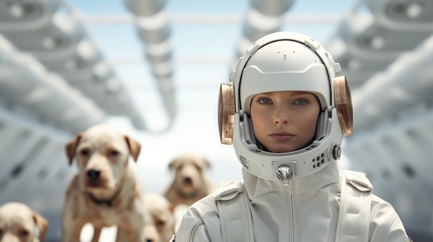 Foto chica con traje espacial blanco y un enjambre de perros robot generative ai