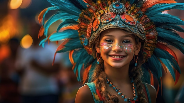 Una chica con un traje nativo americano sonríe a la cámara.