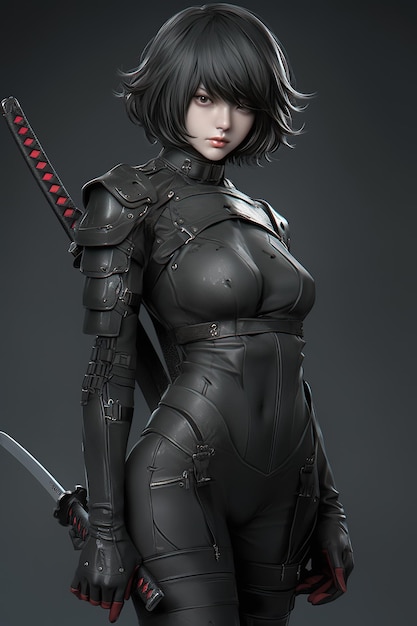 Una chica con un traje negro con una espada y la palabra samurái.
