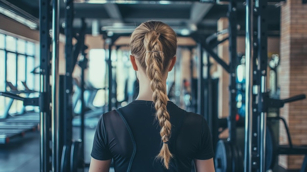 una chica con una trenza en el cabello está de pie en un gimnasio