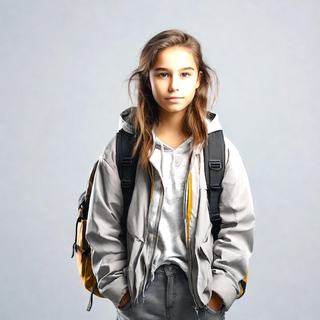 Una chica con trenzas con una chaqueta gris