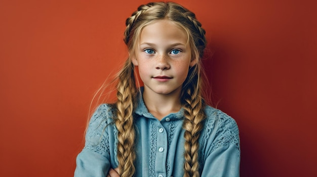 Una chica con trenzas frente a una pared roja.