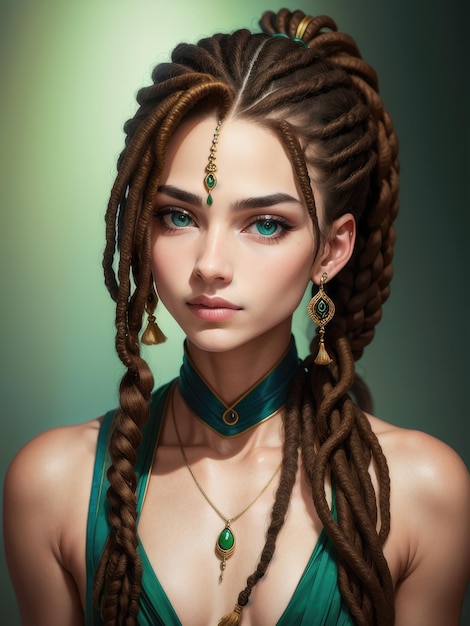 Chica con trenzas y ojos azules.