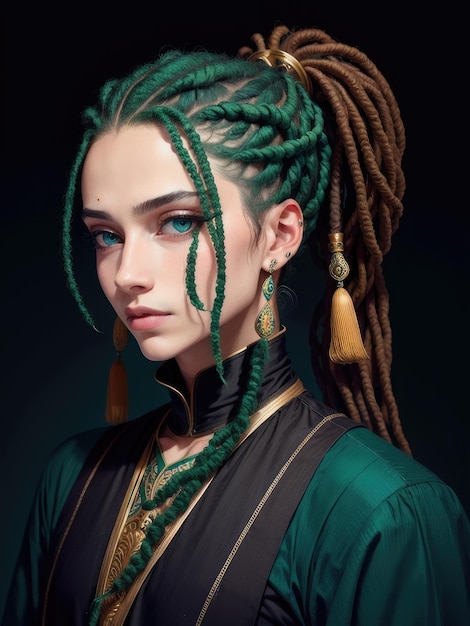 Chica con trenzas y ojos azules.