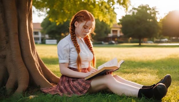 una chica con trenzas se sienta en la hierba leyendo un libro al lado de un árbol día nacional del libro