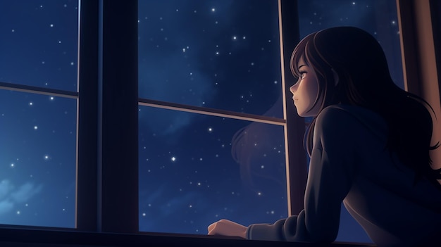 Una chica triste al estilo de dibujos animados en 2D mira el cielo estrellado desde la ventana