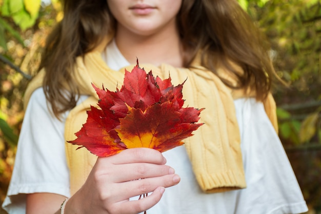 Chica en tshort blanco y suéter amarillo con ramo de otoño hojas de arce rojo concepto de otoño