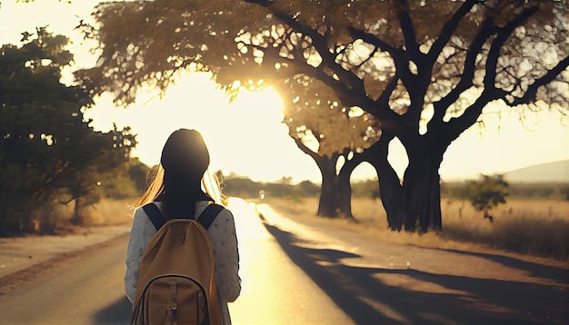 Chica turista asiática con una mochila está sola en la carretera Concepto de turismo de aventura de viaje de viaje