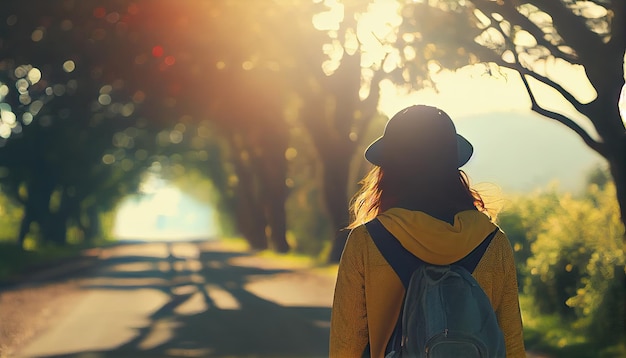 Chica turista asiática con una mochila está sola en la carretera Concepto de turismo de aventura de viaje de viaje