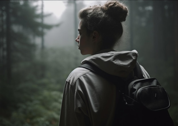Chica turista se encuentra en el bosque un viajero con una mochila se encuentra con su espalda con una hermosa