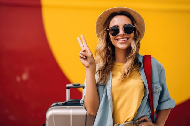 Chica turista joven en ropa casual de verano con maleta roja boletos de pasaporte aislados en fondo beige