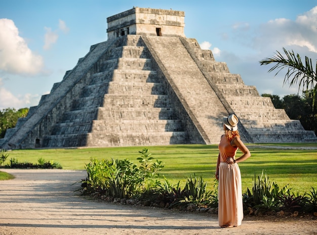 Foto chica turista en un sombrero se encuentra cerca de la pirámide en chichén itzá, yucatán, méxico