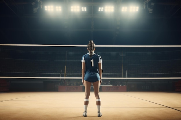 Una chica con un uniforme azul está en una cancha con el número 1 en la espalda.