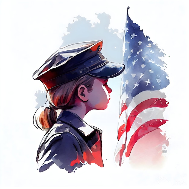 Una chica con uniforme militar se para frente a una bandera.
