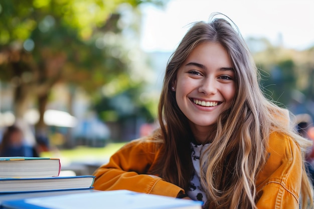 Una chica universitaria sonriente estudiando al aire libre en el campus