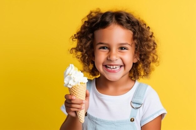 Foto una chica uruguaya rubia en verano sosteniendo un helado aislada sobre un fondo amarillo sonriendo mucho