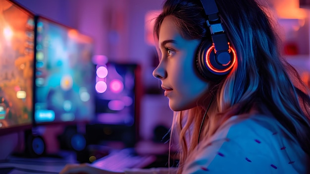 Chica usando audífonos y jugando videojuegos