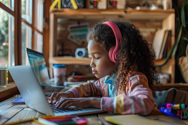 Foto una chica está usando una computadora portátil con auriculares rosados en la cabeza