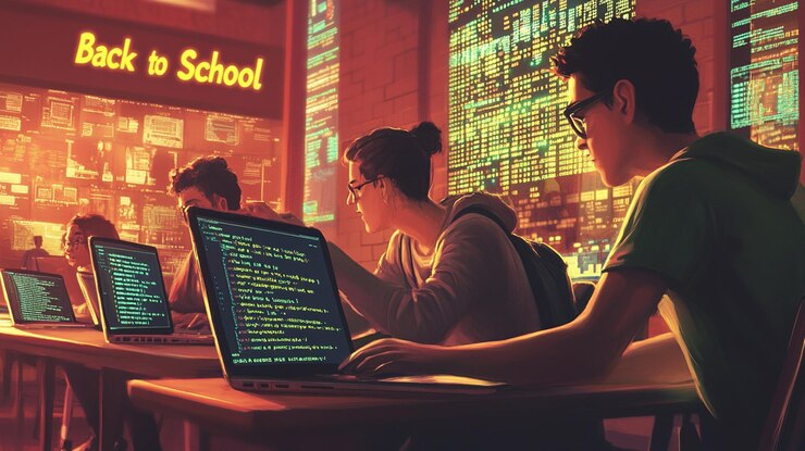Foto una chica usando una computadora portátil con la palabra escuela en la parte superior