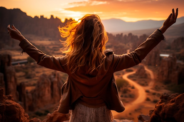 chica en el valle al atardecer