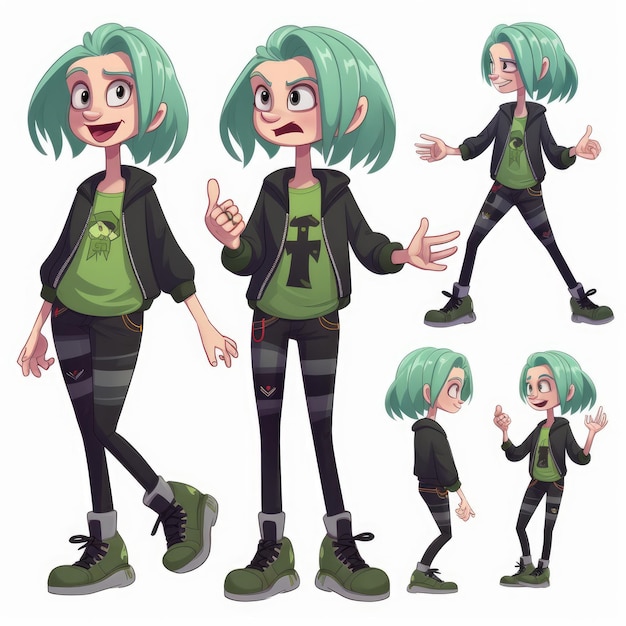 Chica vampiro feliz con cabello verde y zapatillas de deporte en múltiples poses estilo Pixar