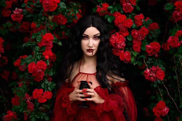 Chica vampiro sobre un fondo de rosas rojas