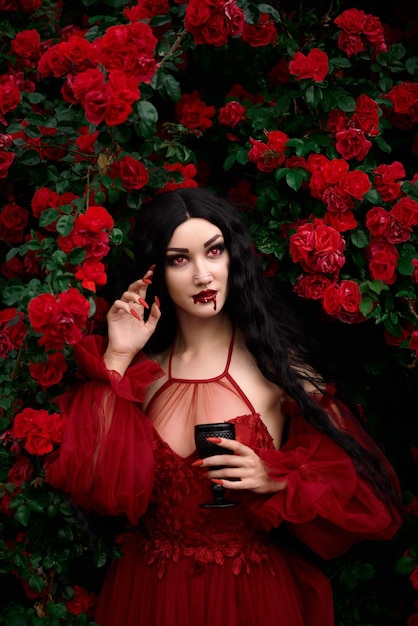 Chica vampiro sobre un fondo de rosas rojas