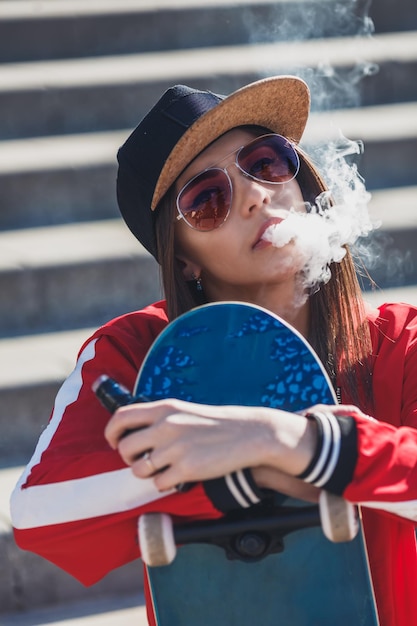 Foto chica vaping mujer joven con monopatín vape ecig