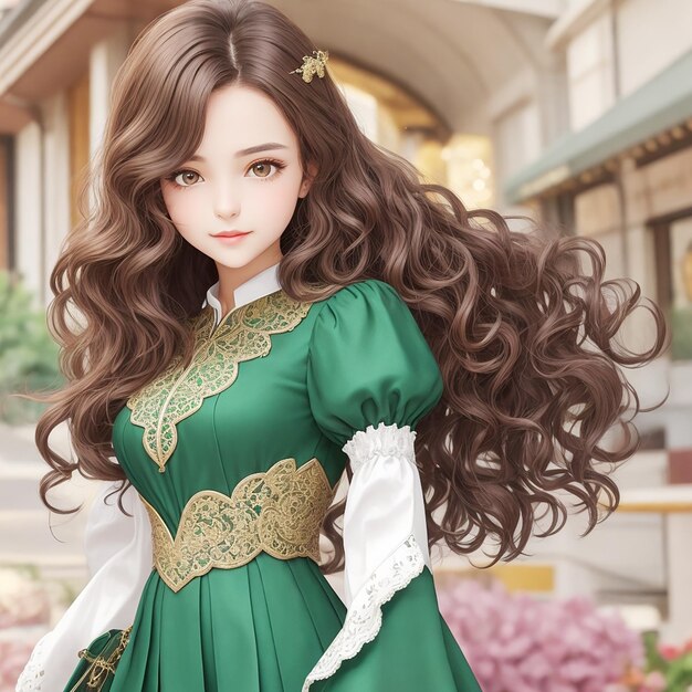 Una chica de unos veinte años con el cabello marrón ondulado, ojos esmeraldas brillantes y una complexión clara.