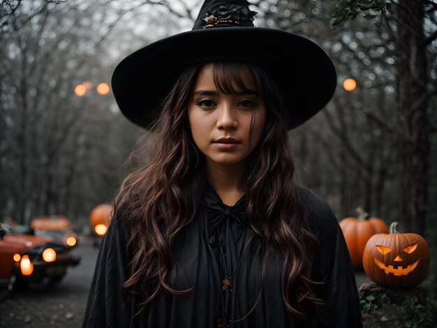 Una chica vestida como una bruja participando en Halloween