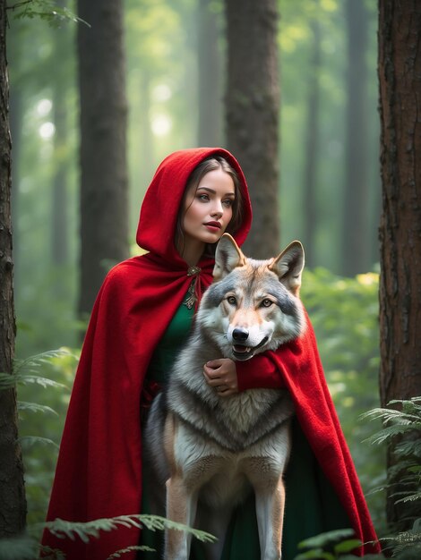 Foto una chica vestida de rojo con un zorro a su lado