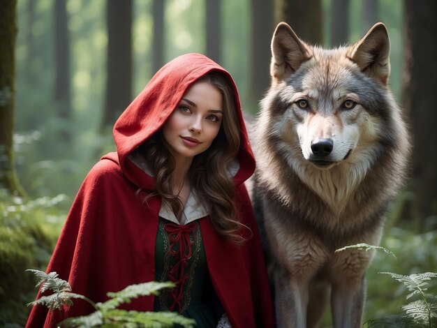 Foto una chica vestida de rojo con un zorro a su lado