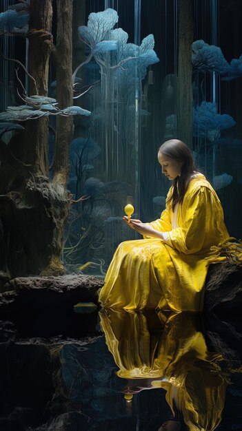 chica de vestido amarillo leyendo un libro junto al acuario