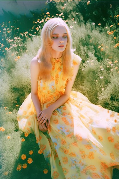Foto una chica con un vestido amarillo está sentada en un campo de flores