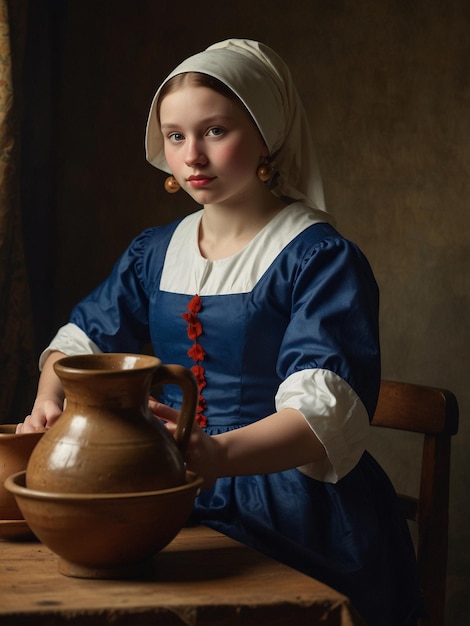 una chica con un vestido azul está sosteniendo una olla con la letra c en ella