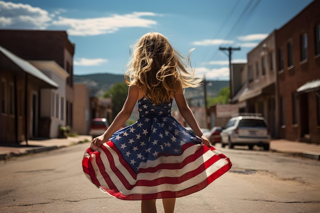 una chica con un vestido con una bandera en el vestido