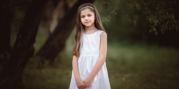 Una chica con un vestido blanco se para en un parque.