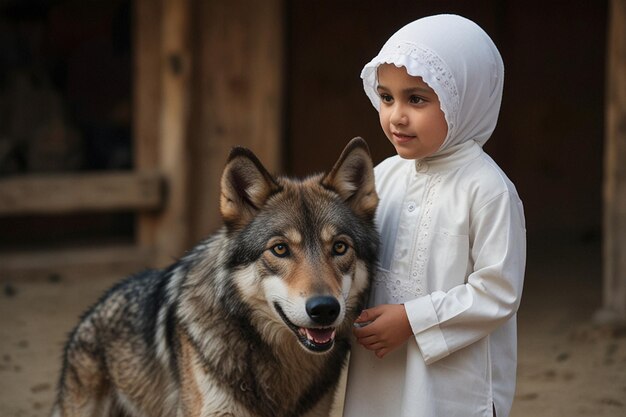 Foto una chica con un vestido blanco y un perro