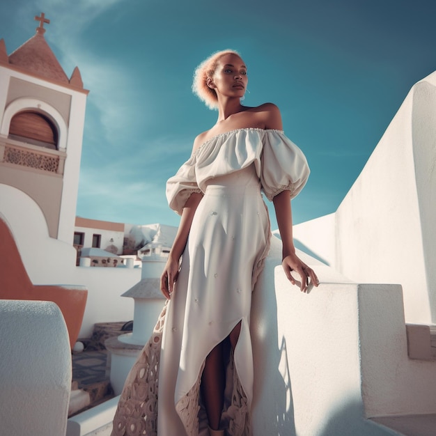 Una chica con un vestido blanco y unas sandalias en verano.