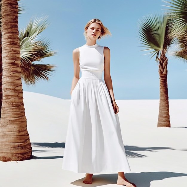 Una chica con un vestido blanco y unas sandalias en verano.