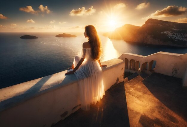 Foto una chica con un vestido blanco sentada en un parapeto con vistas al mar