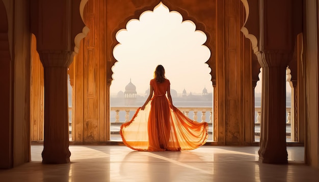 Foto una chica en un vestido está cerca del taj mahal en la india