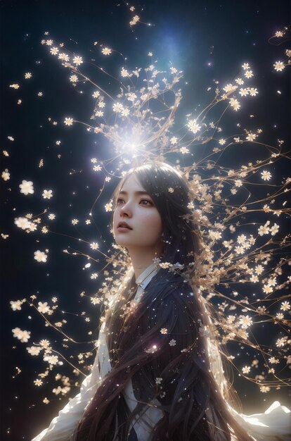 Foto una chica con un vestido de flores está de pie a la luz del sol.