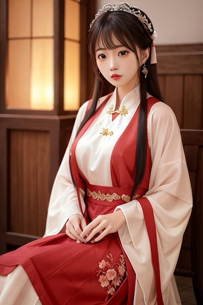 Una chica con un vestido hanbok rojo.