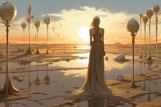 una chica con un vestido largo se encuentra en una playa con el sol detrás de ella.