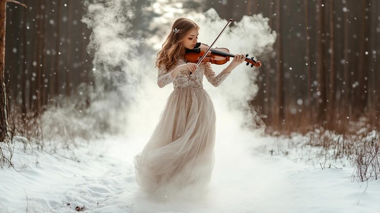 Una chica con un vestido largo toca el violín en un bosque de invierno rodeado de humo blanco