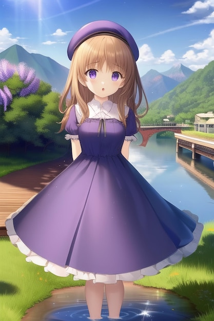 Una chica con un vestido morado se para frente a un río y montañas.