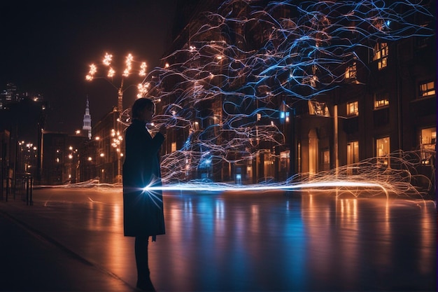 Una chica con un vestido negro está de pie en el medio de una calle con luces en el fondo.